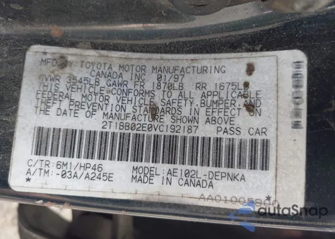 1997 Toyota Corolla Dx из США, поврежденный, VIN 2T1BB02E0VC192187